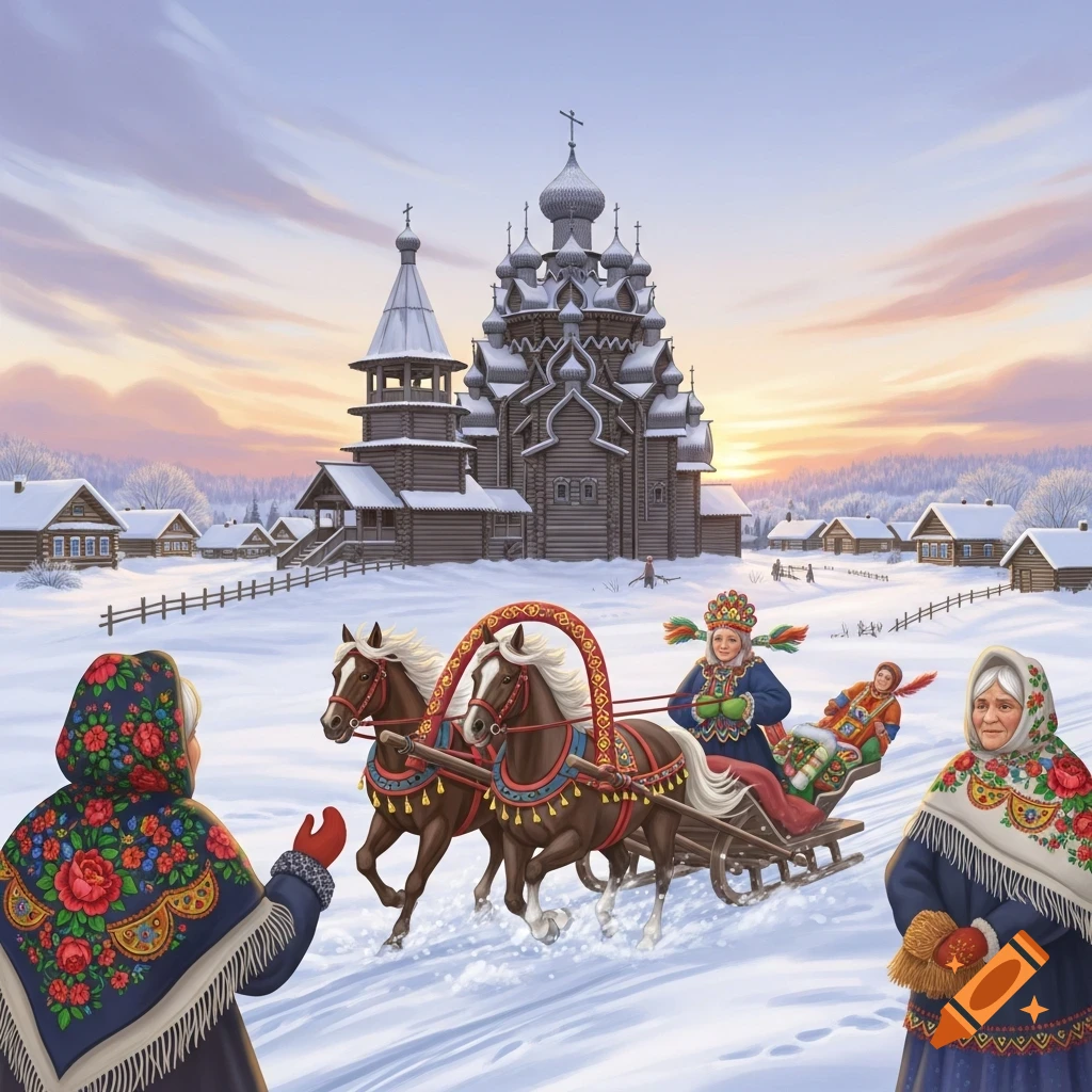 An illustrative winter scene of a Russian village at sunset with a large wooden church and people in traditional clothing on a horse-drawn sleigh.