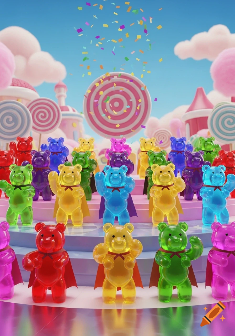 Colorful gummy bear superheroes with capes in a whimsical candy land with lollipops, cotton candy clouds, and confetti.