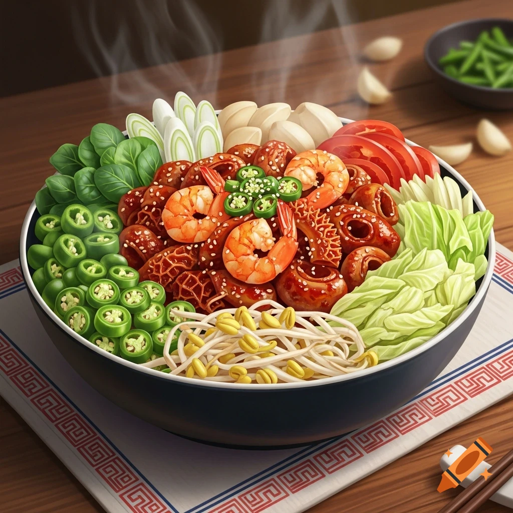 A steaming bowl of colorful Korean stew with shrimp, tripe, jalapeños, cabbage, and bean sprouts, on a patterned cloth.