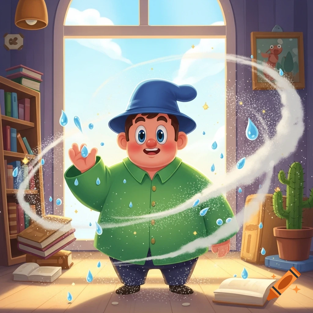 A cartoon man in a blue hat and green coat stands inside a room, surrounded by sparkling water droplets and mist, with a window and bookshelves in the background.