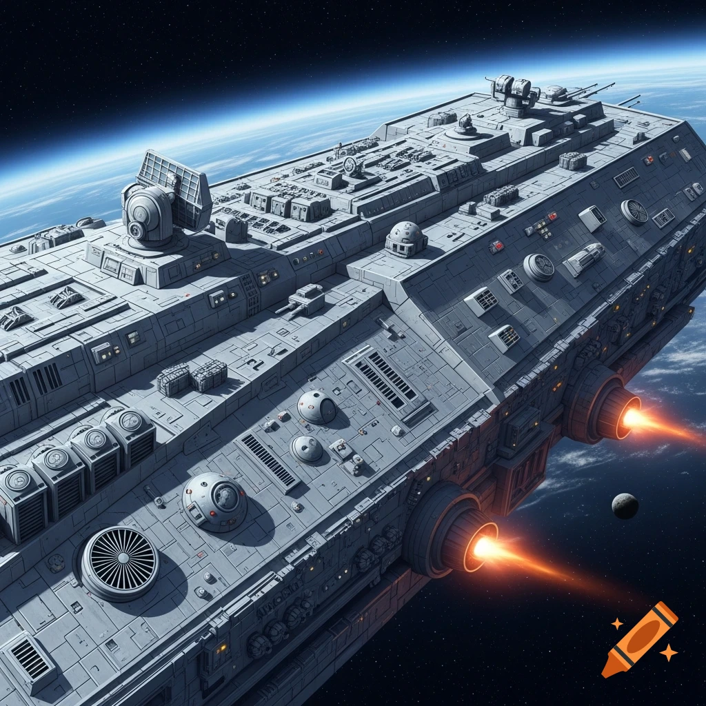 A detailed sci-fi spaceship with glowing engines orbits a planet in dark space, covered in intricate greebles.