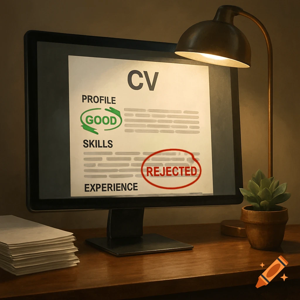 A computer screen displaying a CV with 'GOOD' and 'REJECTED' feedback, on a wooden desk with a lamp, papers, and a plant.