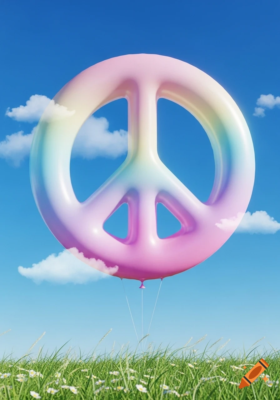 A pastel rainbow peace sign balloon floats in a bright blue sky with white clouds over a field of green grass and white flowers.