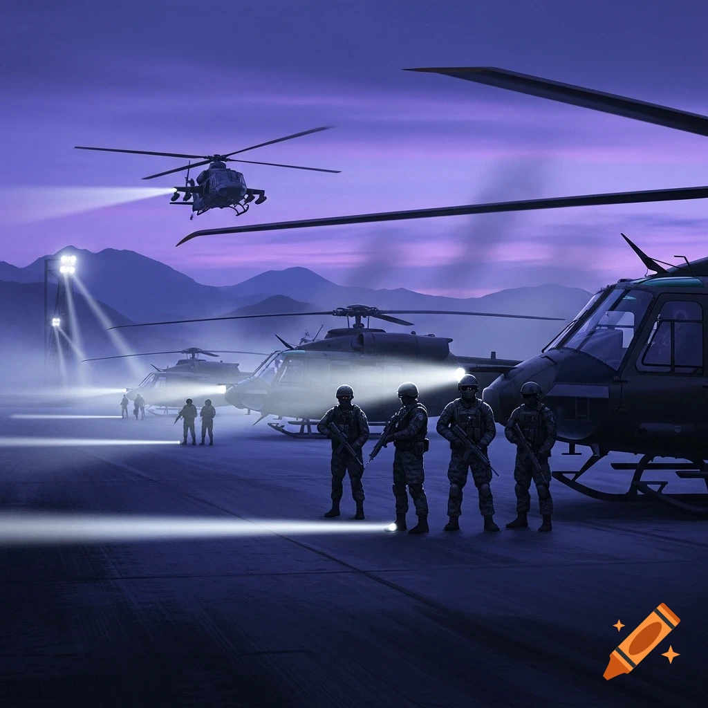 Soldiers with rifles stand by multiple helicopters on an airfield at dusk, illuminated by spotlights with mountains in the background.