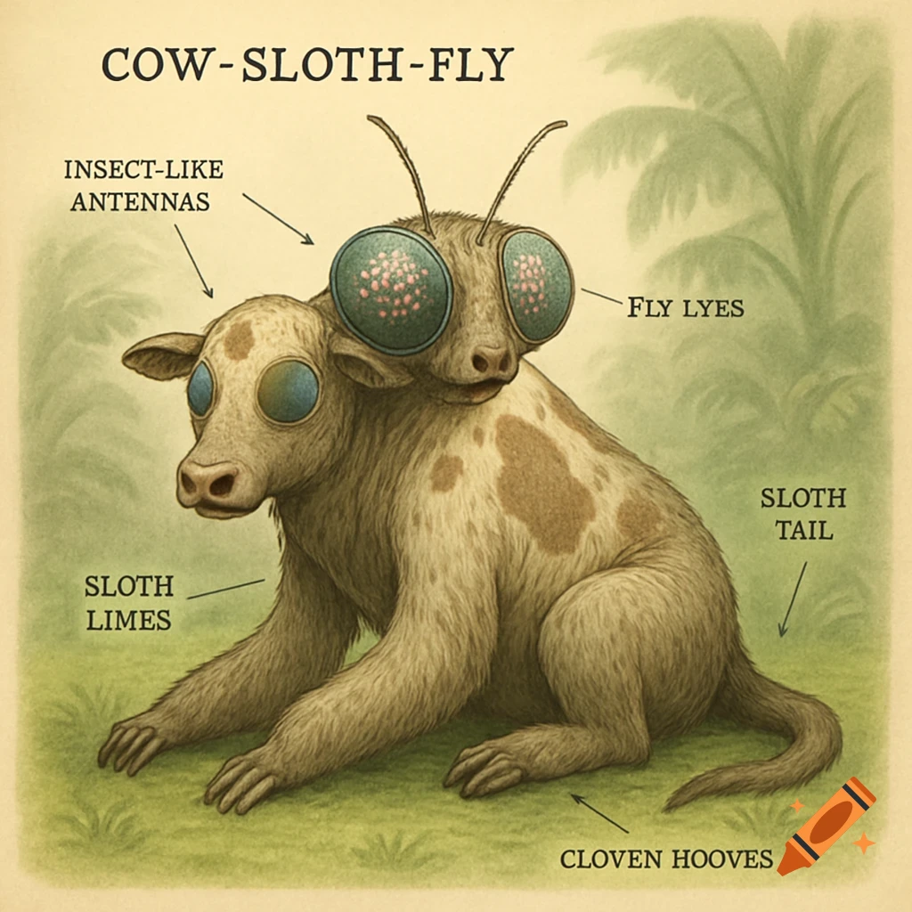 A detailed scientific illustration of a 'Cow-Sloth-Fly' hybrid animal, featuring a brown-spotted body, sloth-like limbs, cow-like snout, and a large fly head with compound eyes and antennas.