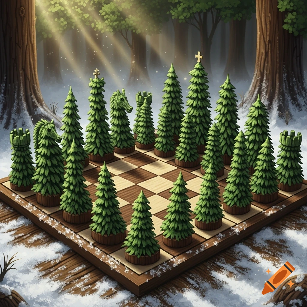 A whimsical chessboard set with fir tree chess pieces sits in a snowy, sunlit forest.