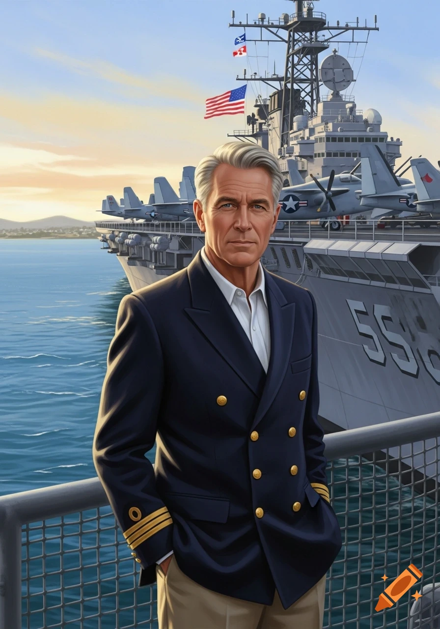 A man in a navy uniform stands on the deck of a warship with fighter jets, with the number 55 visible on the ship's side, against a vibrant sky.