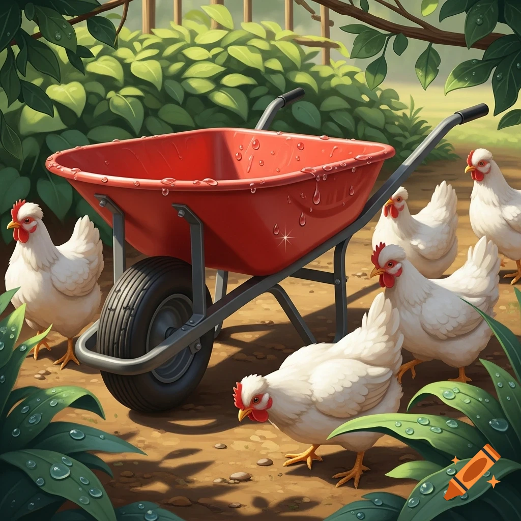A red wheelbarrow with water droplets sits on dirt among green leaves and several white chickens in a sunny garden.