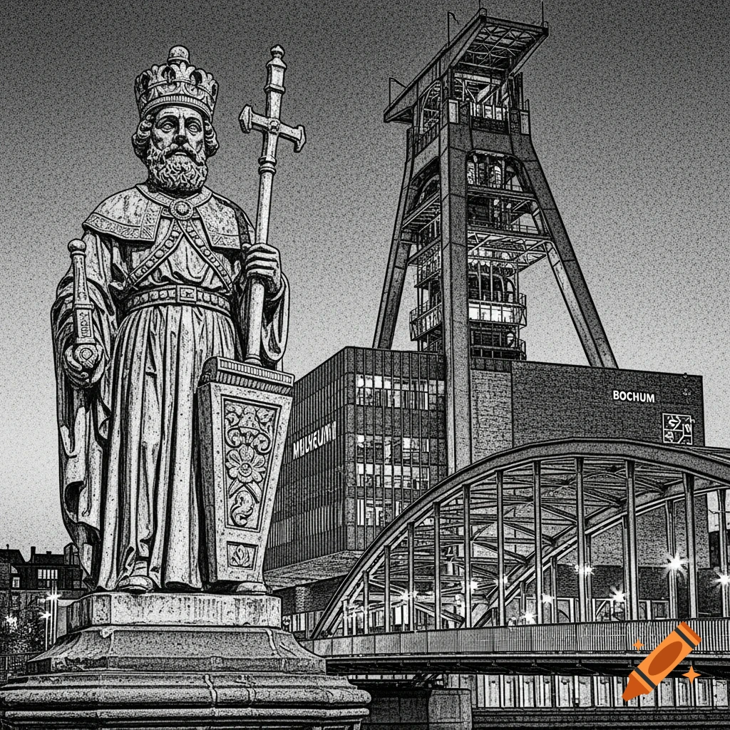 A stylized, monochromatic digital artwork resembling an etching, showing a large statue of a crowned king holding a scepter. Behind it stands a towering industrial structure, a modern building with 'BOCHUM' visible on its facade, and an arched bridge.