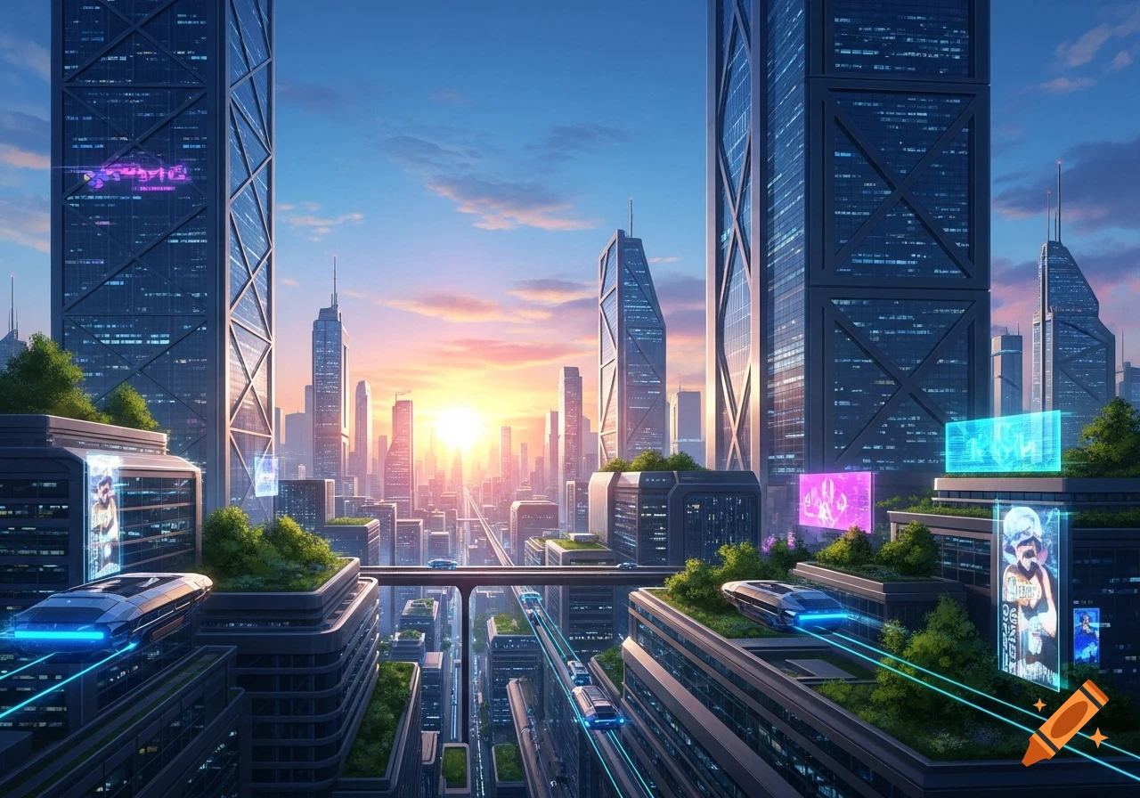 A vibrant, futuristic cityscape at sunrise with tall skyscrapers, green rooftops, glowing holographic displays, and sleek elevated trains.