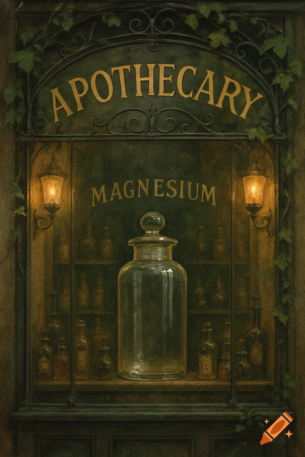 A vintage apothecary shop window with a large glass jar, small bottles, and signs reading "APOTHECARY" and "MAGNESIUM" on a dark, textured background.