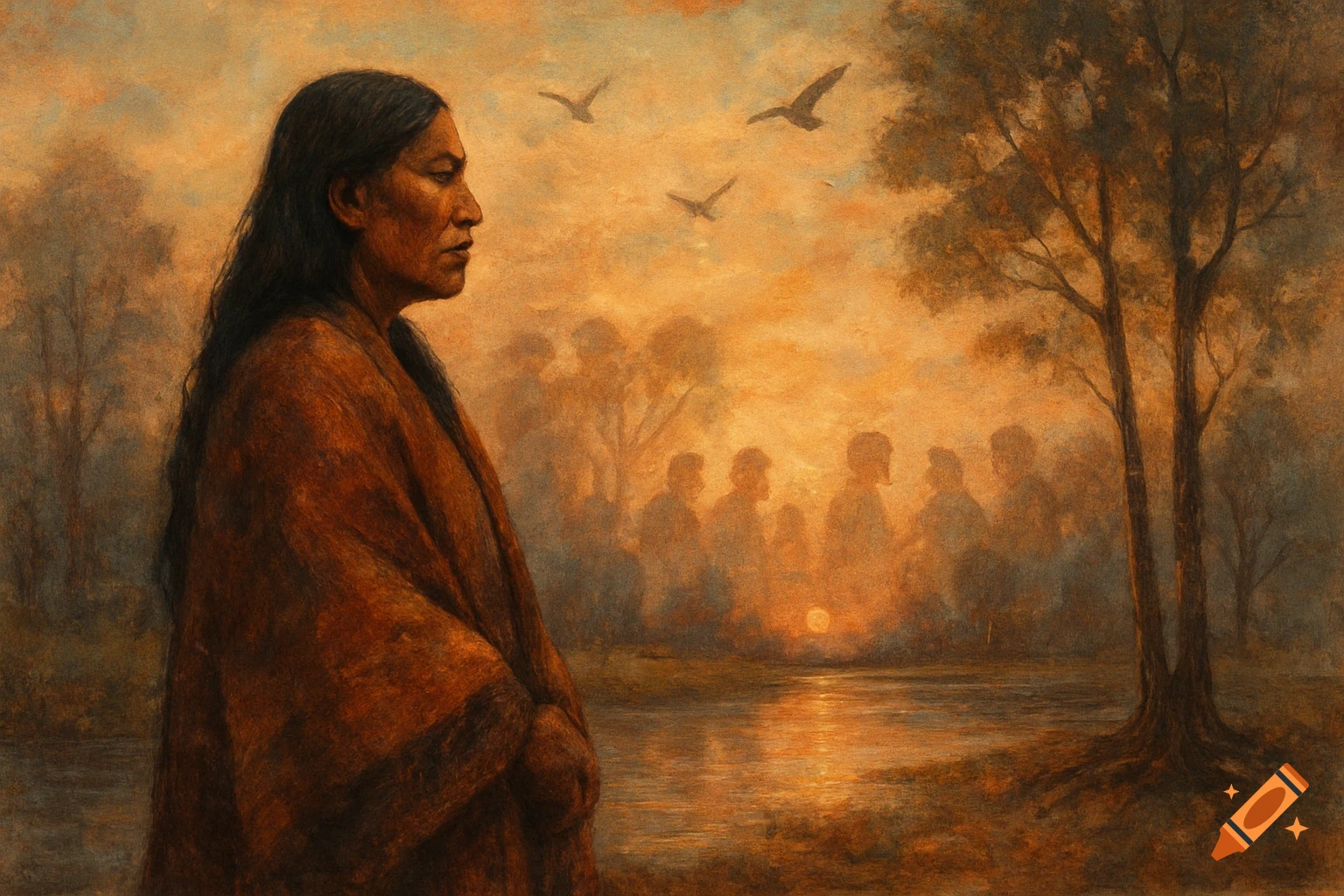 Painterly image of an Indigenous woman in profile, gazing at a misty sunset over water with blurry figures and trees.