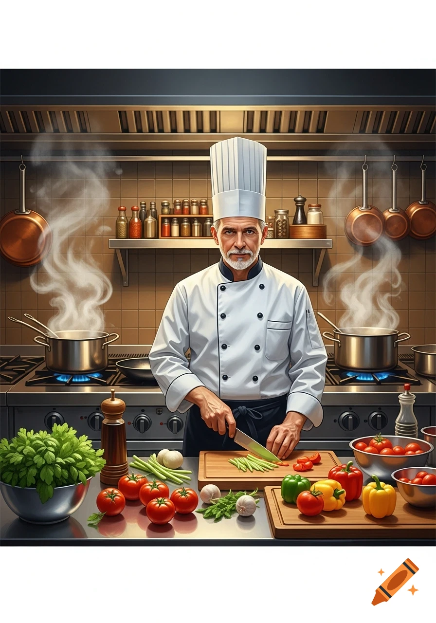 A realistic older chef with a white beard chops vegetables in a professional kitchen with steaming pots and ingredients.