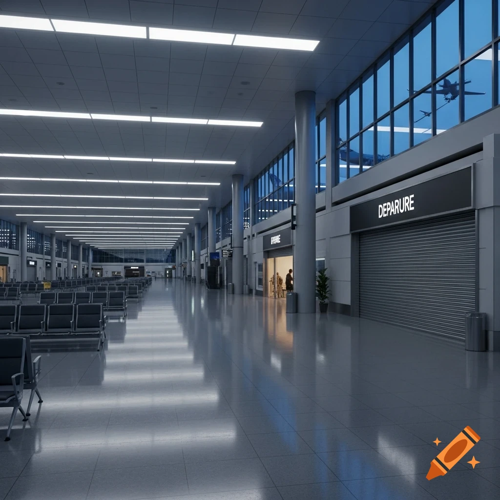 A brightly lit, modern airport departure lounge with rows of empty seats, closed shops, and airplanes visible through large windows.