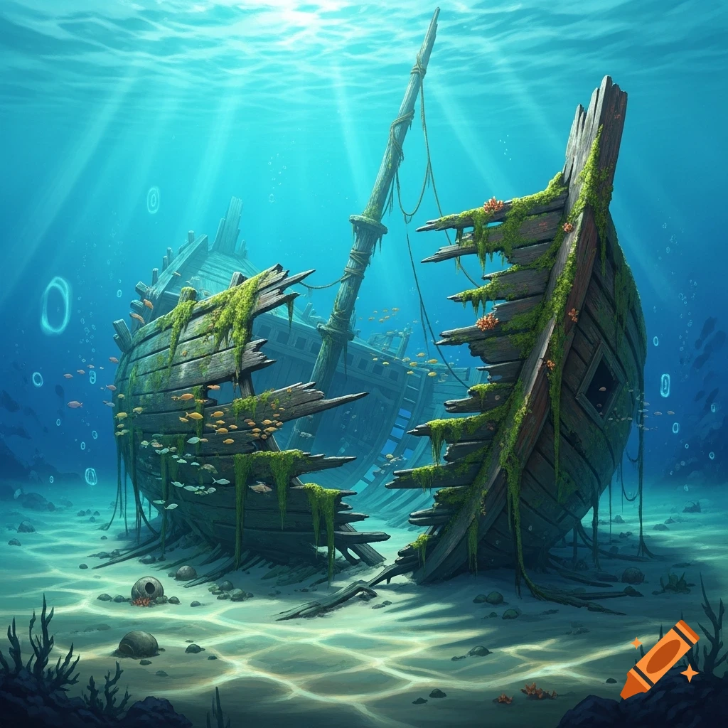 Fantasy art of a moss-covered, broken wooden shipwreck on a sandy seabed with sunlight rays and fish.