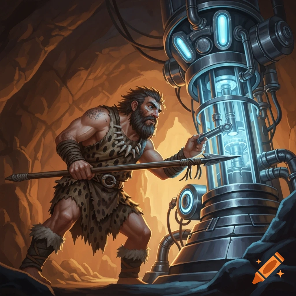 A muscular caveman with a spear pokes a glowing, complex futuristic machine in a dimly lit cave, in a digital painting style.