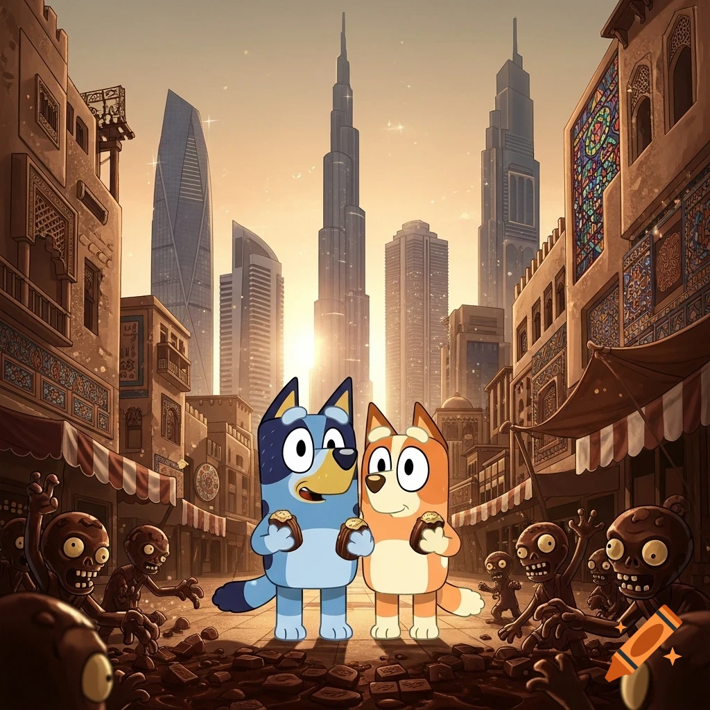 Bluey and Bingo hold chocolate in a Dubai street scene, surrounded by cartoon zombies, with modern skyscrapers at sunset.
