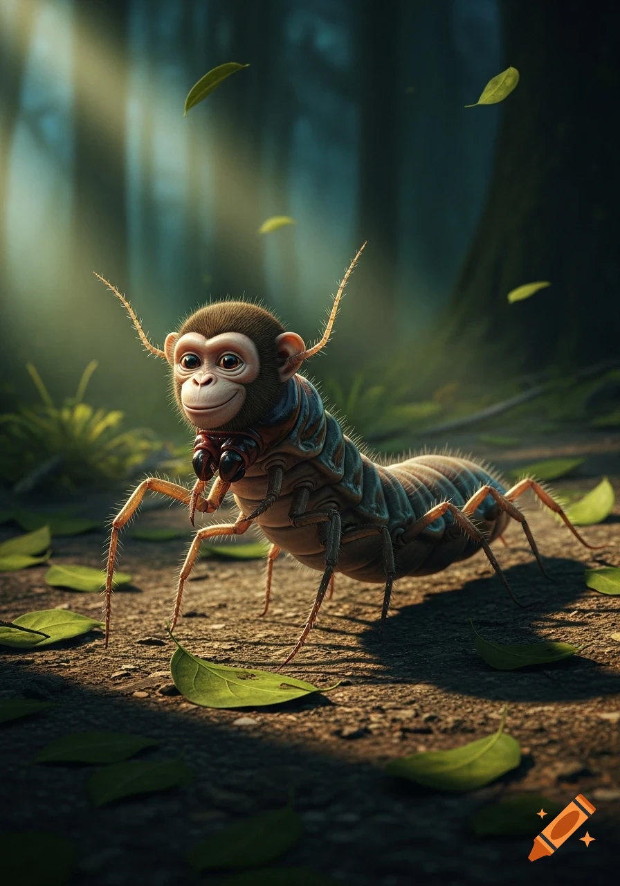 A photorealistic monkey-headed insect with spider legs crawls on a forest floor with fallen leaves.
