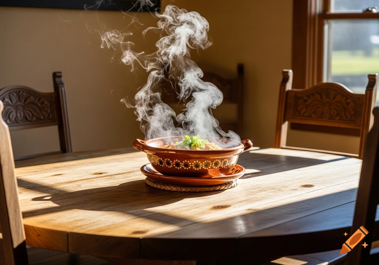A steaming cazuela of food sits on a round wooden table in a sunlit room, with wooden chairs and a window in the background.