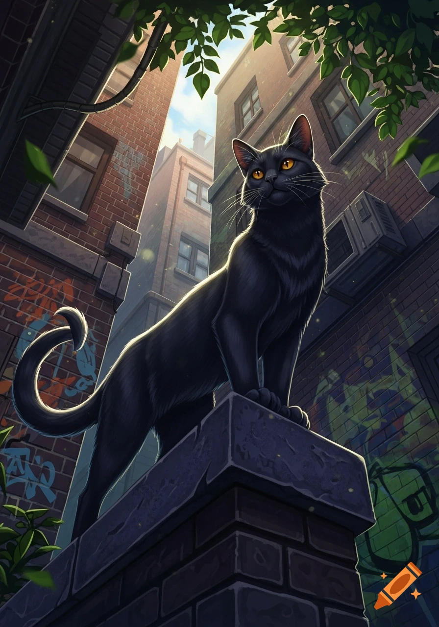 A sleek black cat with glowing orange eyes stands majestically on a stone ledge in a sunlit, graffiti-covered urban alleyway.