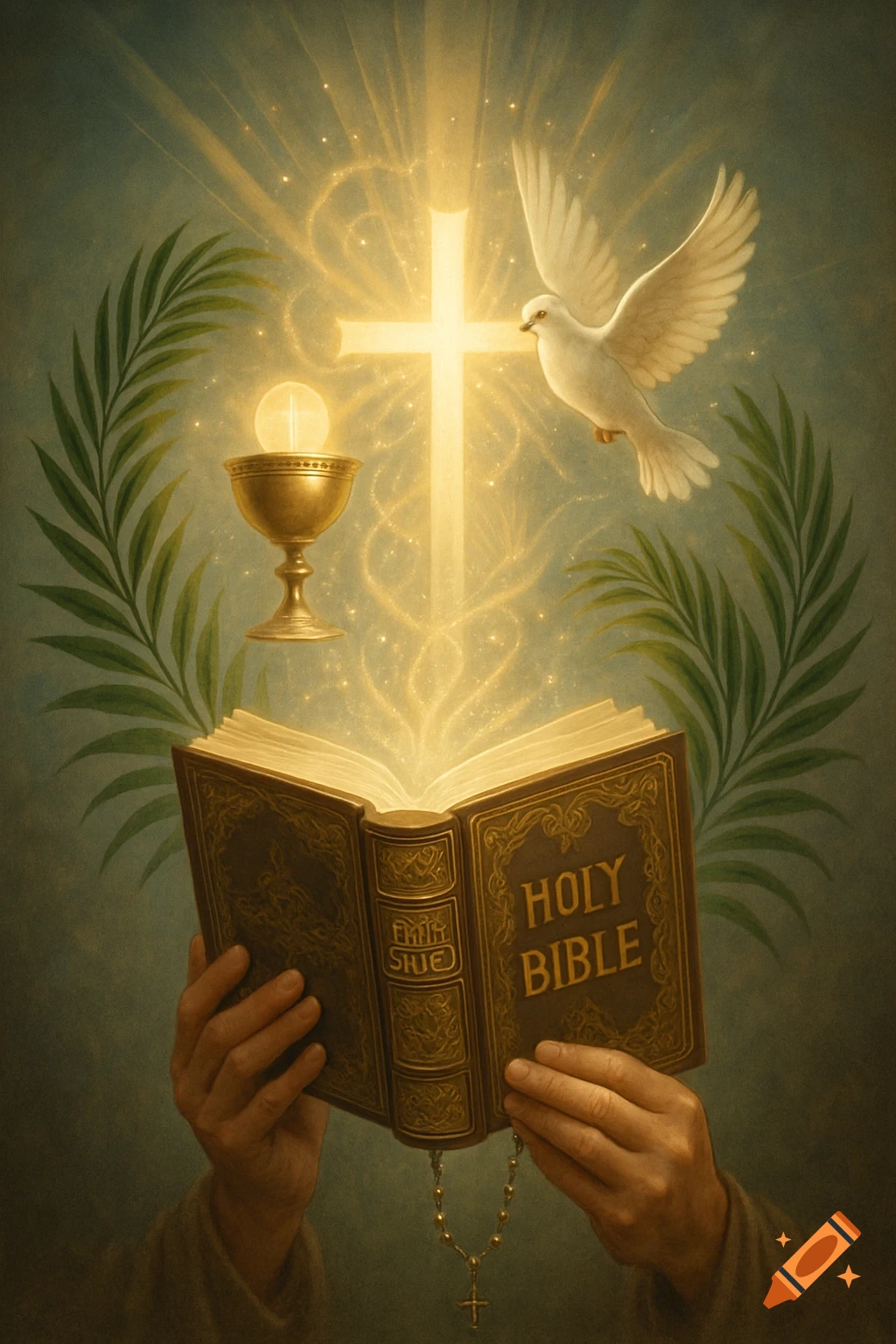 Hands holding an open Bible emitting golden light, with a glowing cross, a white dove, a chalice with Eucharist, palm leaves, and a rosary against a teal background.