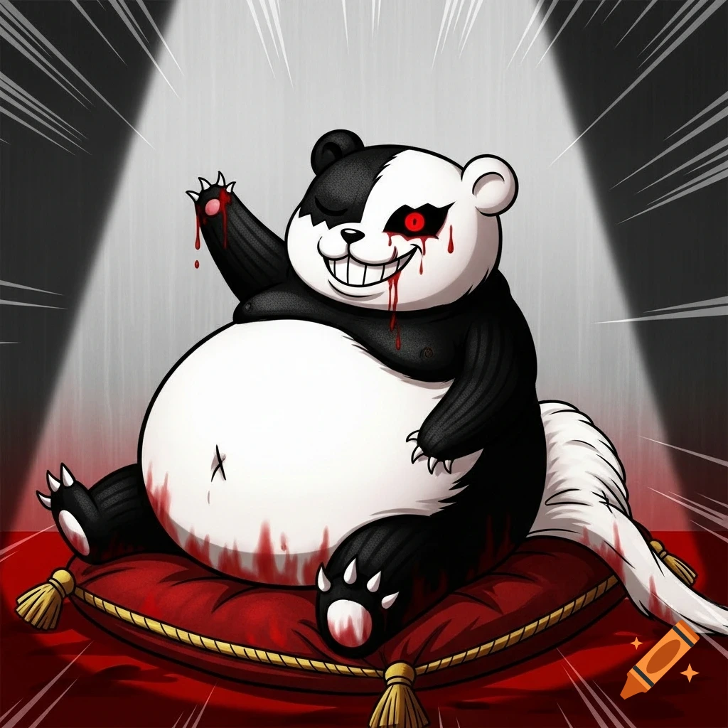 Blood-splattered Monokuma, a plump black and white bear with a sinister smile and glowing red eyes, sits on a red pillow in anime style.