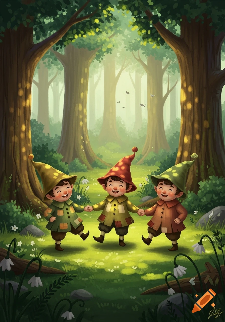 Three happy gnomes with pointed hats dance hand-in-hand in a vibrant, sunlit forest illustration.
