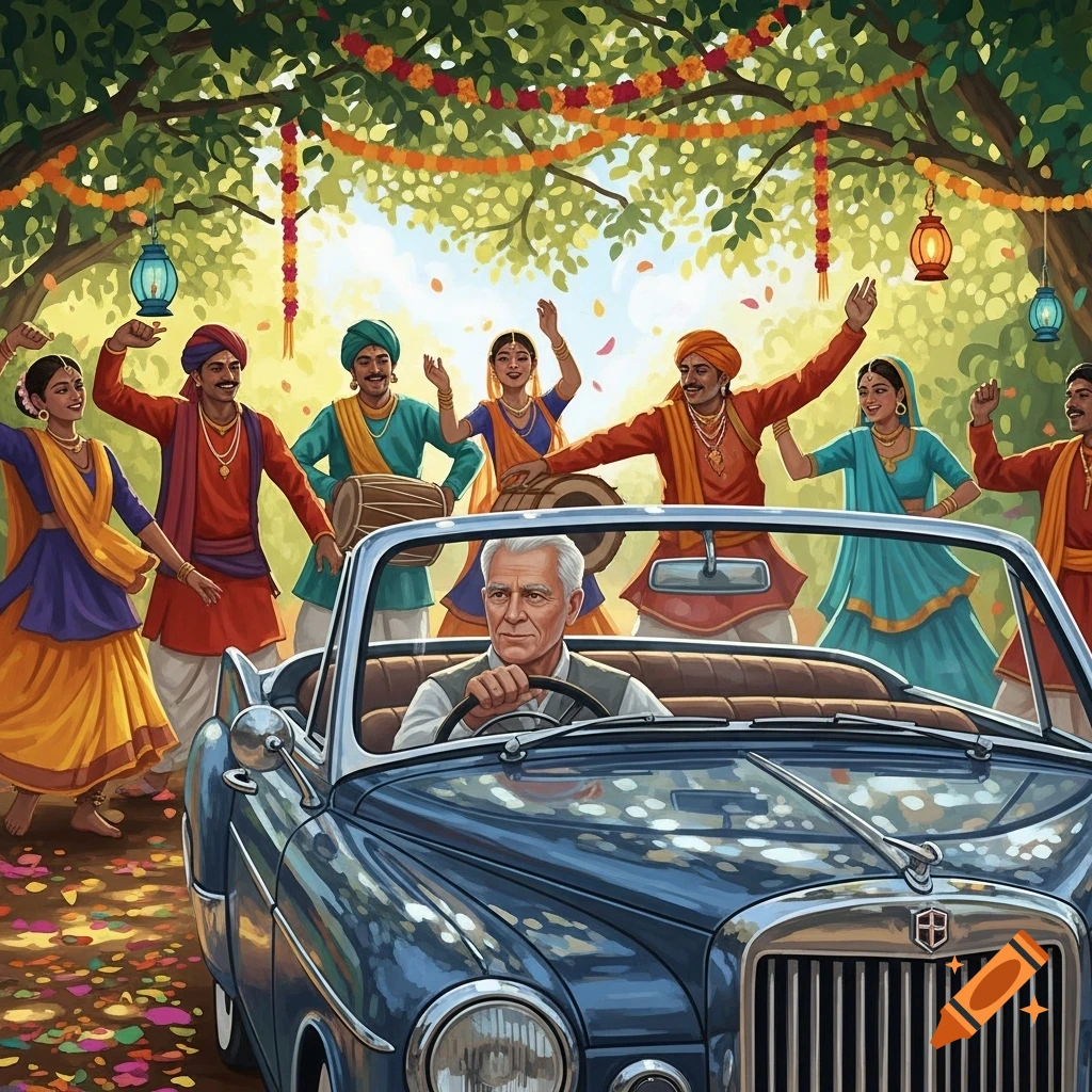 Illustrated scene of a grey-haired man in a vintage car, surrounded by dancing people in traditional Indian attire under decorated trees.