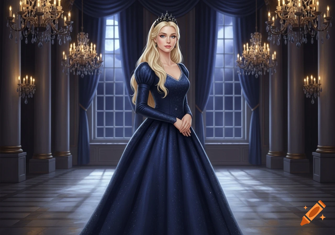 Blond princess in a midnight blue gown and black tiara stands in a grand ballroom at night, digital painting.