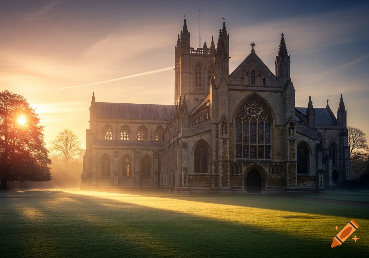 Photorealistic Dorchester Abbey, a large stone church, illuminated by golden sunrise light over a misty green lawn.