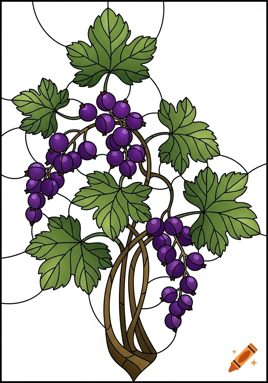 Stained glass illustration of black currant berries and leaves with bold outlines and rich colors, in an Art Nouveau style.