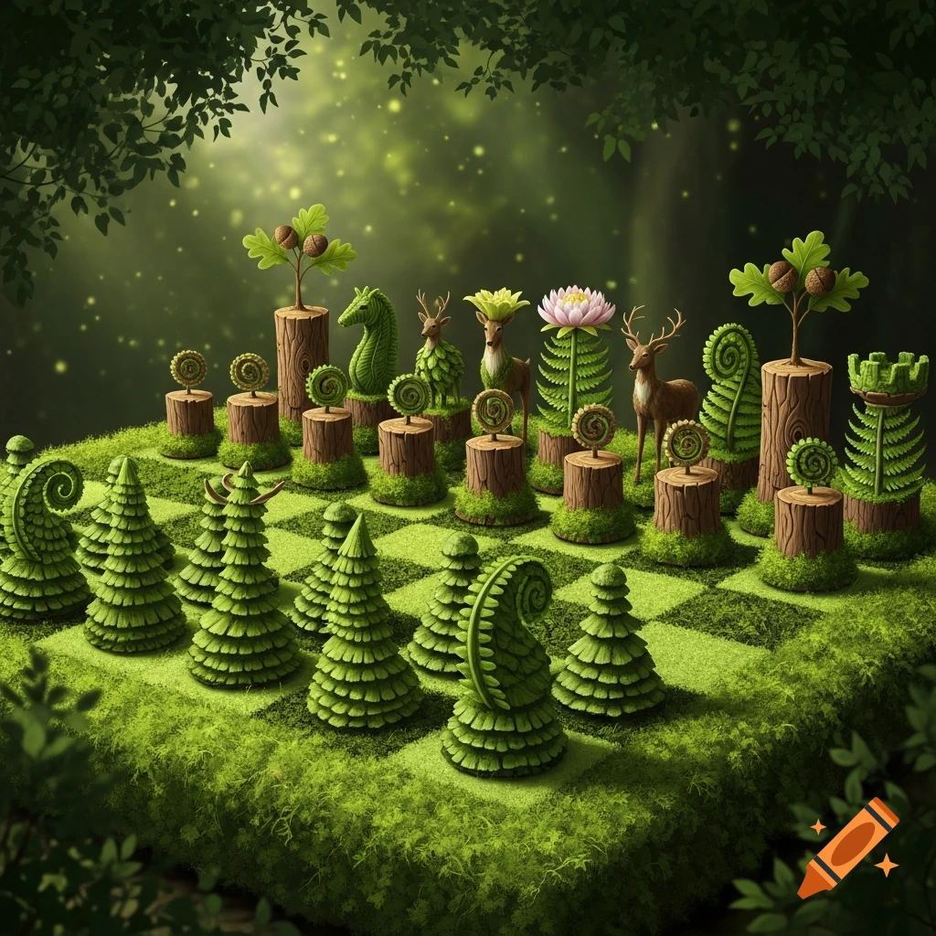 A vibrant green nature-themed chessboard with stylized plant and wooden chess pieces.