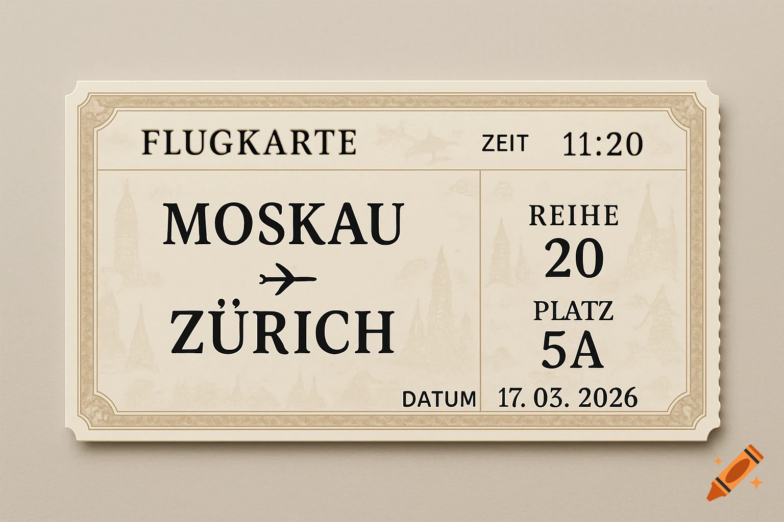 A vintage-style air ticket from Moscow to Zurich, showing Flugkarte, Zeit 11:20, Reihe 20, Platz 5A, and Datum 17. 03. 2026.