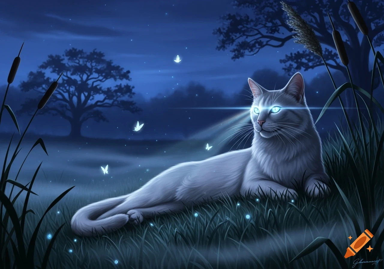 A white cat with glowing blue eyes lies in moonlit grass, surrounded by glowing butterflies and fireflies, with silhouetted trees.