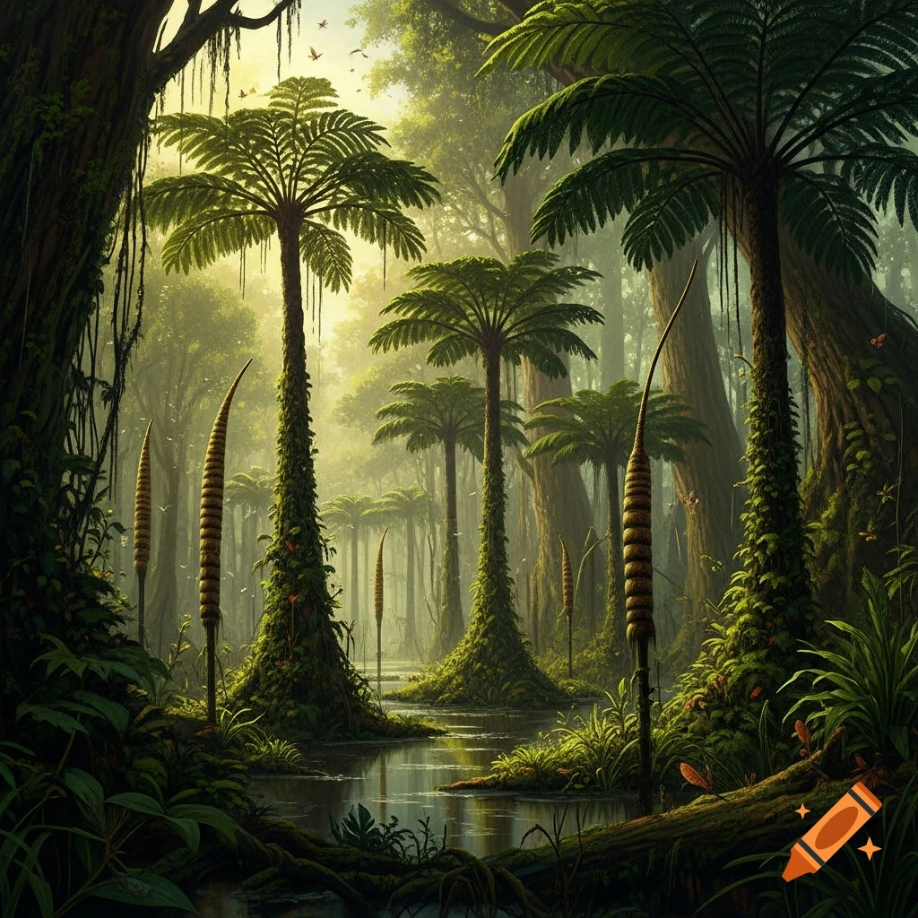 A vibrant prehistoric Carboniferous swamp forest with giant ferns and lush vegetation surrounding a winding stream under a bright, misty sky.