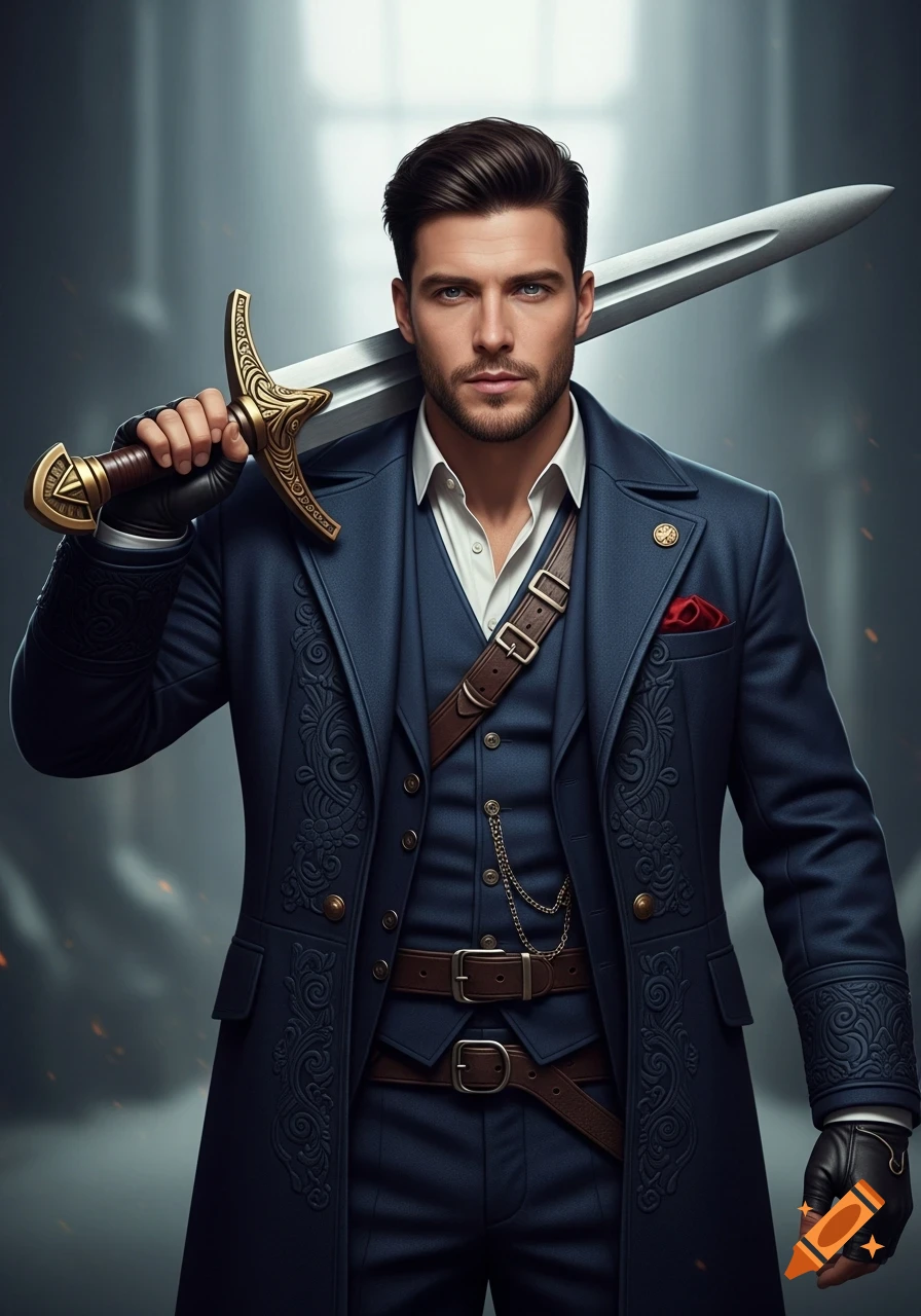 A handsome man with dark hair and stubble, wearing a dark blue ornate suit and coat, holds a large sword over his shoulder.