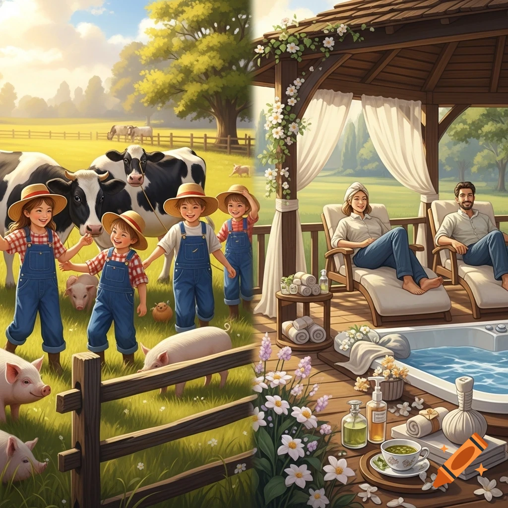 Illustrated split scene: children with cows and pigs on a farm, and adults relaxing at a spa gazebo with a hot tub.