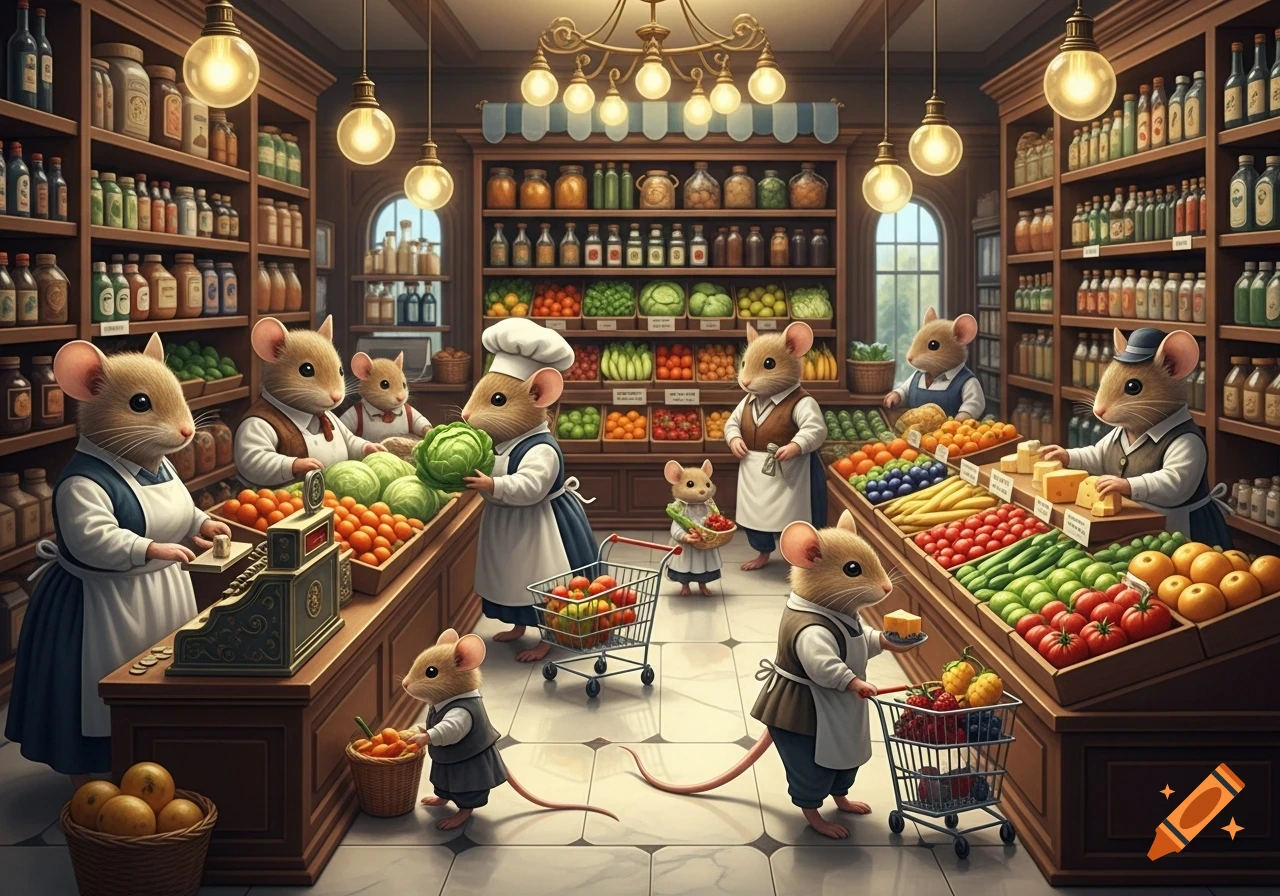 Anthropomorphic mice shop for groceries, vegetables, and cheese in a charming, detailed store with wooden shelves.