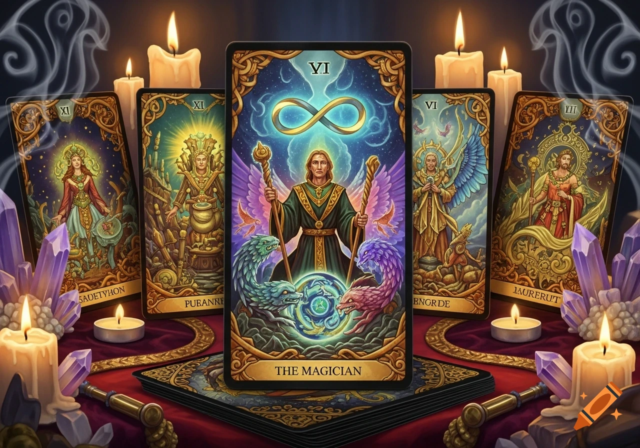 A stylized illustration of five ornate tarot cards, with the central card depicting "THE MAGICIAN" surrounded by dragons, set amidst candles, smoke, and purple crystals on a red cloth.
