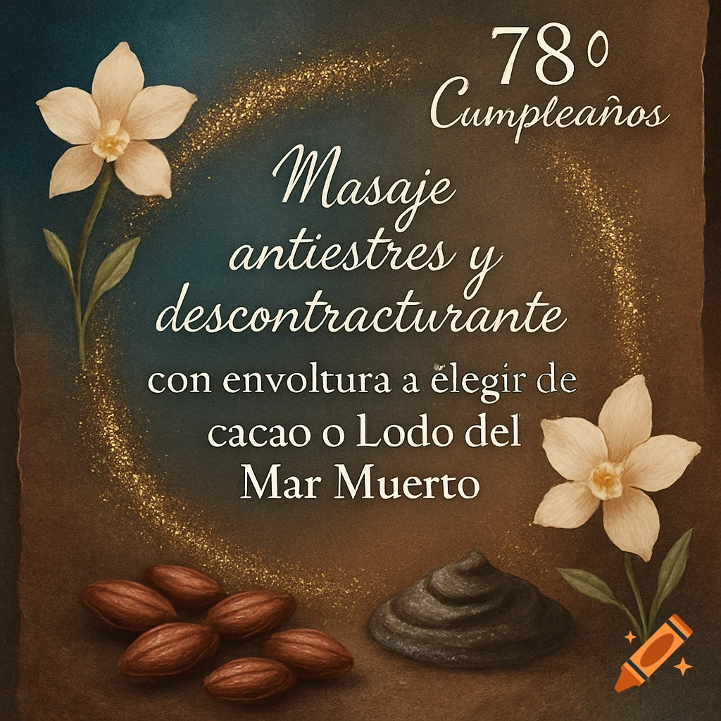 A gift voucher for a 78th birthday, featuring text for a stress-relief massage with cocoa or Dead Sea mud wrap, surrounded by white flowers, cocoa beans, and a pile of mud on a dark textured background with golden glitter.