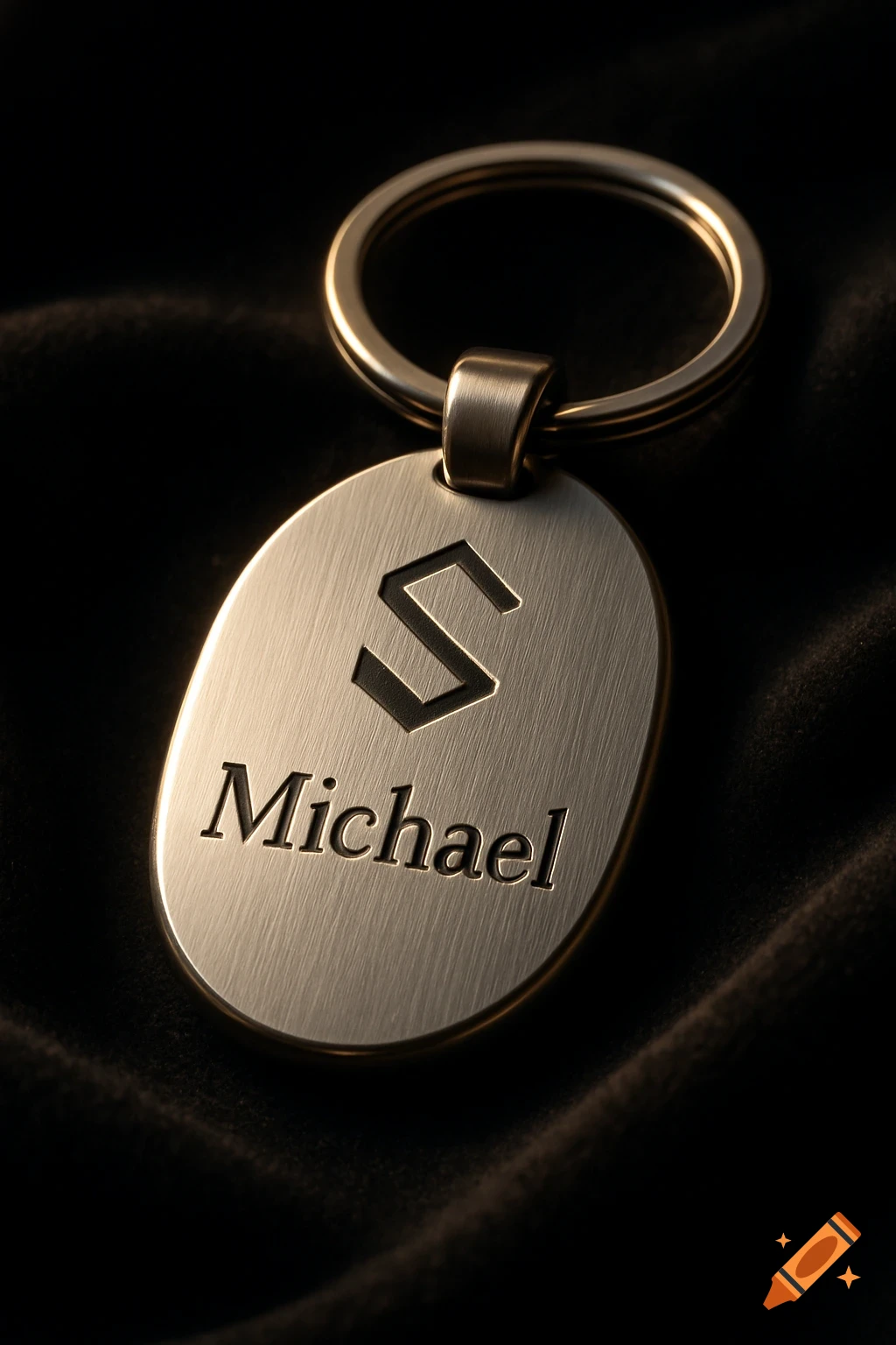 Photorealistic oval metal keychain with a stylized 'S' logo and 'Michael' engraved, set against a dark background.
