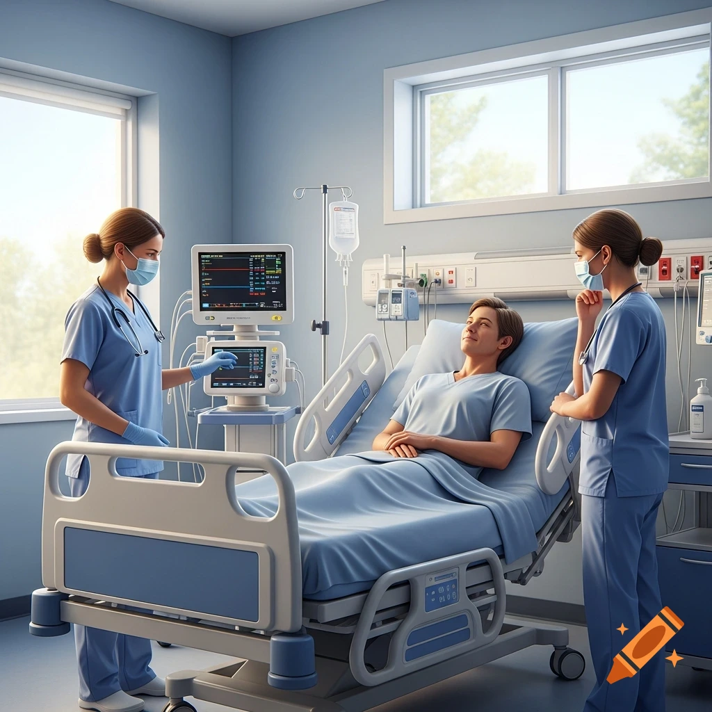 Two nurses attend to a patient lying in a hospital bed with medical monitors, in a bright hospital room.