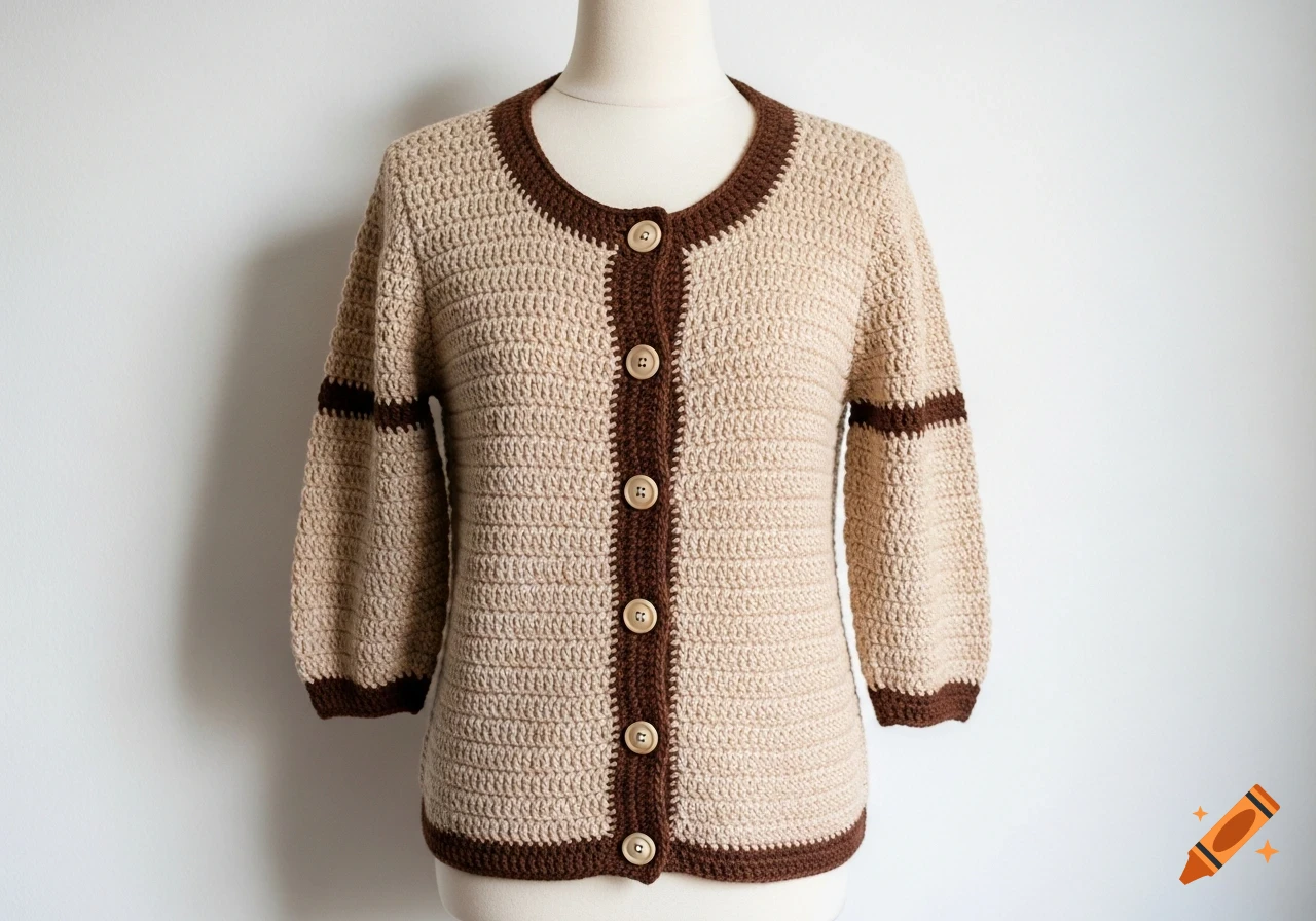A beige crocheted cardigan with three-quarter sleeves, brown trim on the collar, cuffs, hem, and button placket, and light brown buttons, displayed on a mannequin against a white background.