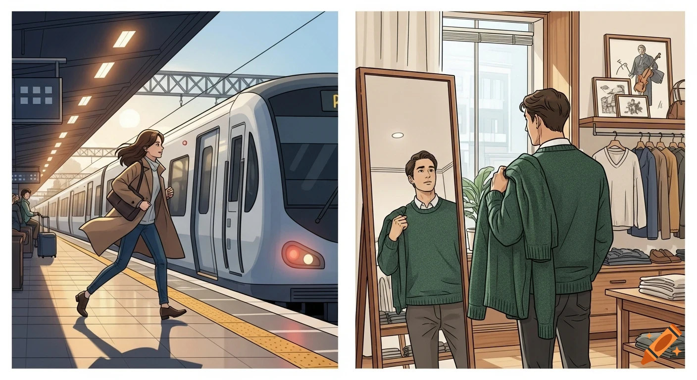 Illustrated split image: A woman runs on a train platform next to a train; a man tries on a green sweater in a clothing store.