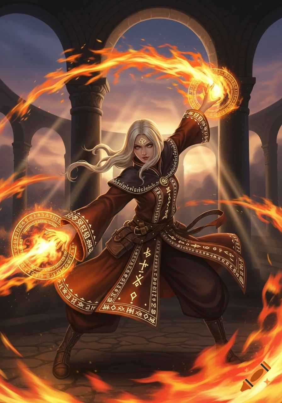 A white-haired female wizard in a red robe casts fire spells with glowing runes in an ancient temple.