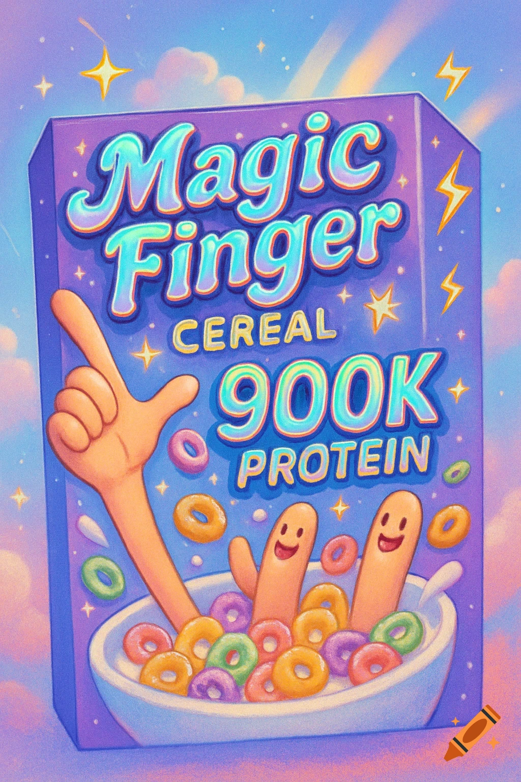 Purple cereal box labeled 'Magic Finger Cereal 900K Protein' with a hand and anthropomorphic fingers in colorful cereal loops.