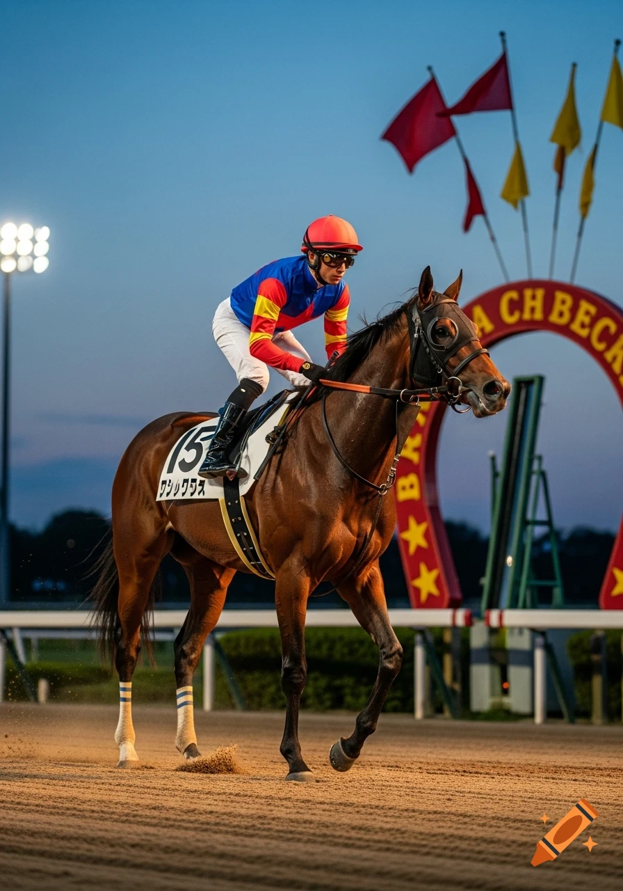 Jockey in red and blue silks riding a brown racehorse on a dirt track at dusk, with stadium lights and flags in the background.