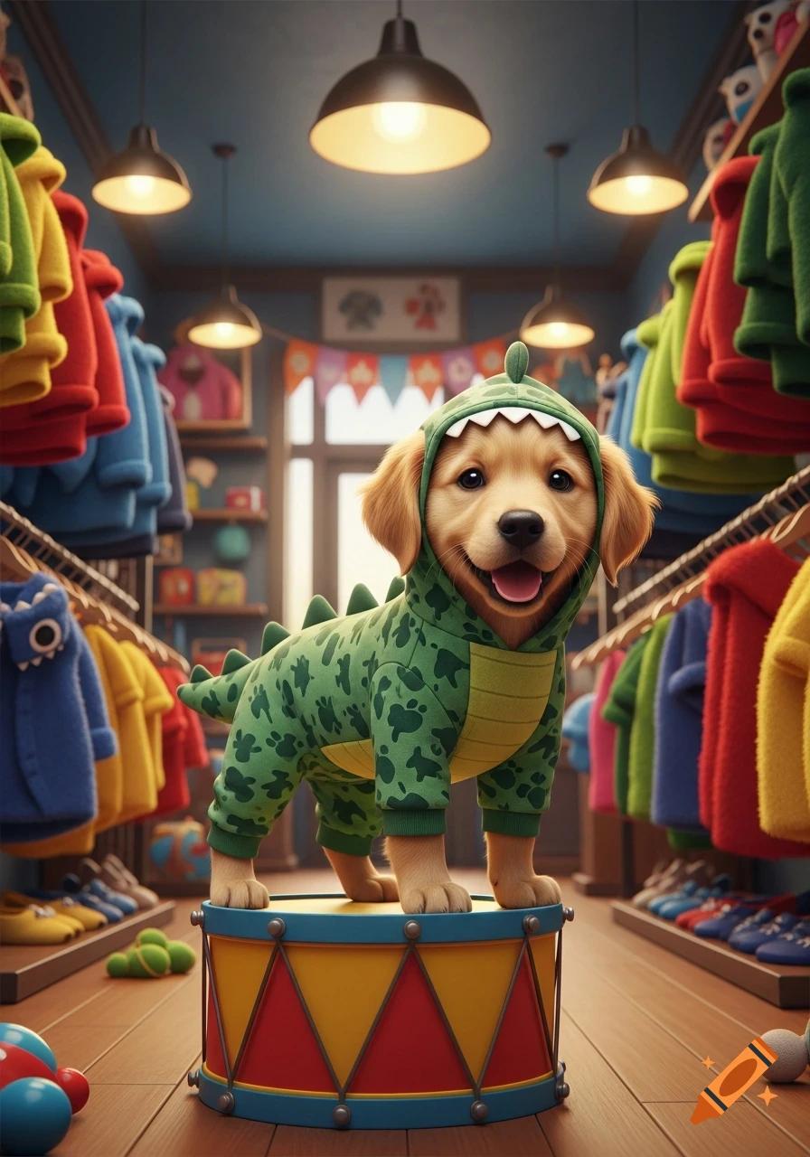 A cute Golden Retriever puppy in a green dinosaur costume stands on a colorful drum in a pet costume shop, medium realistic style.
