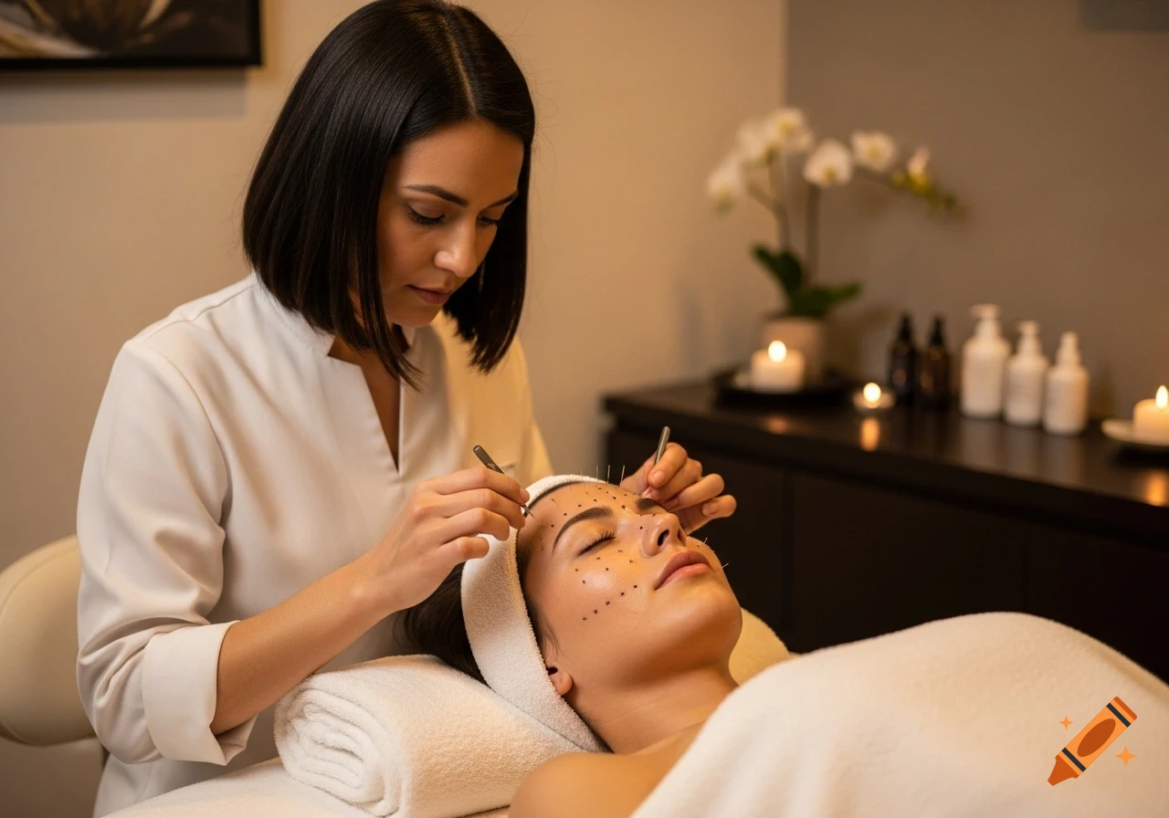 A professional acupuncturist performs facial acupuncture on a client with marked points on her face in a serene spa setting.