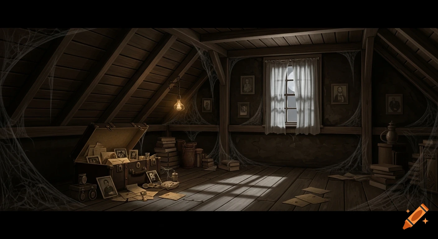 A dark, dusty attic with an open trunk overflowing with old photos and letters, illuminated by a window and a single bare lightbulb.